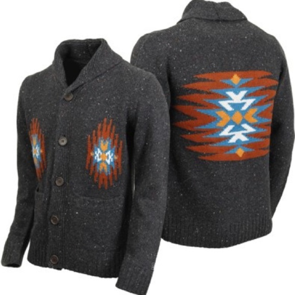Obey Charcoal Shawl Collar Sweater with Aztec Rust & Teal Motif